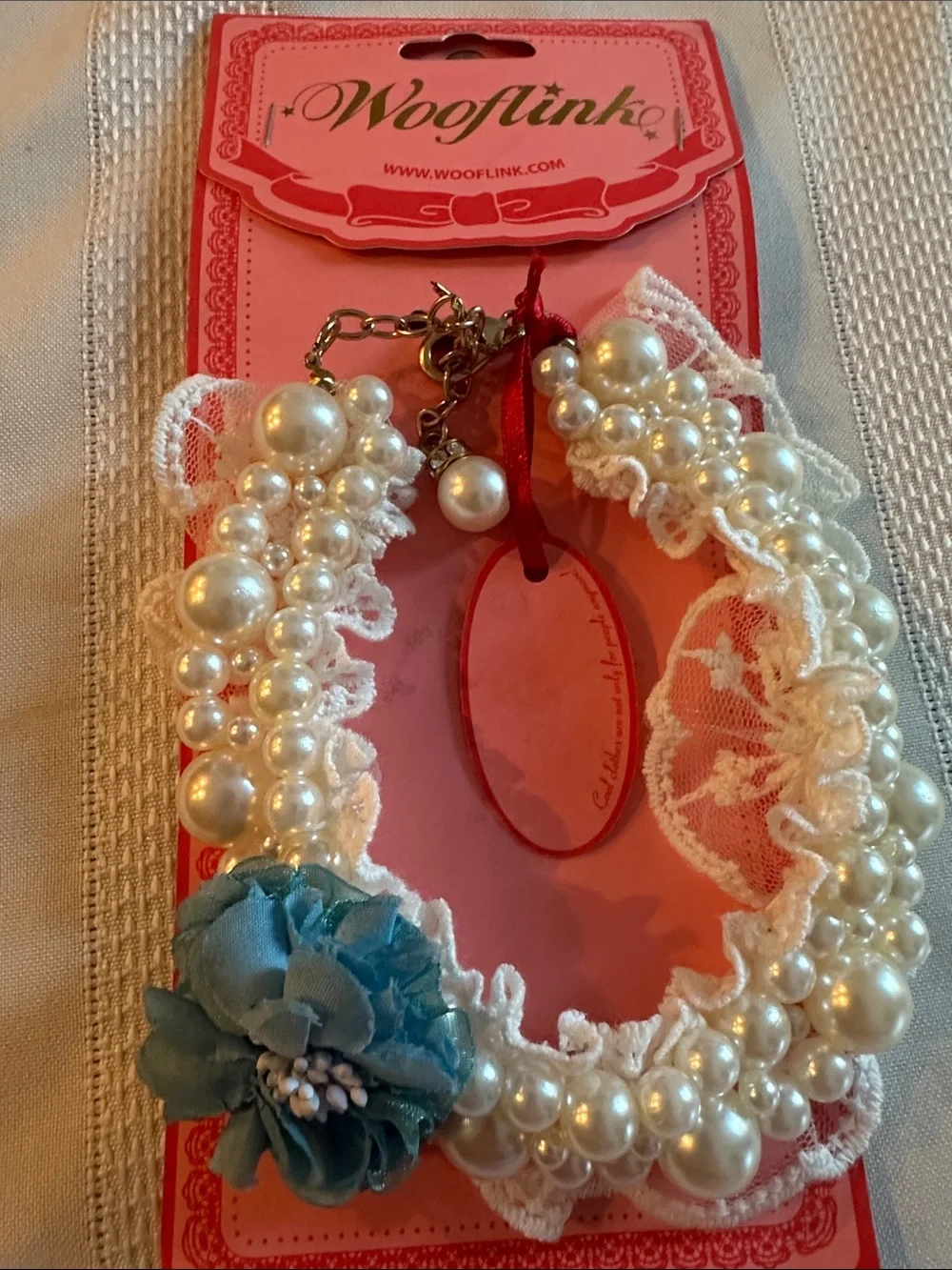 Pet  White Pearl Lace Collar with Blue Flower